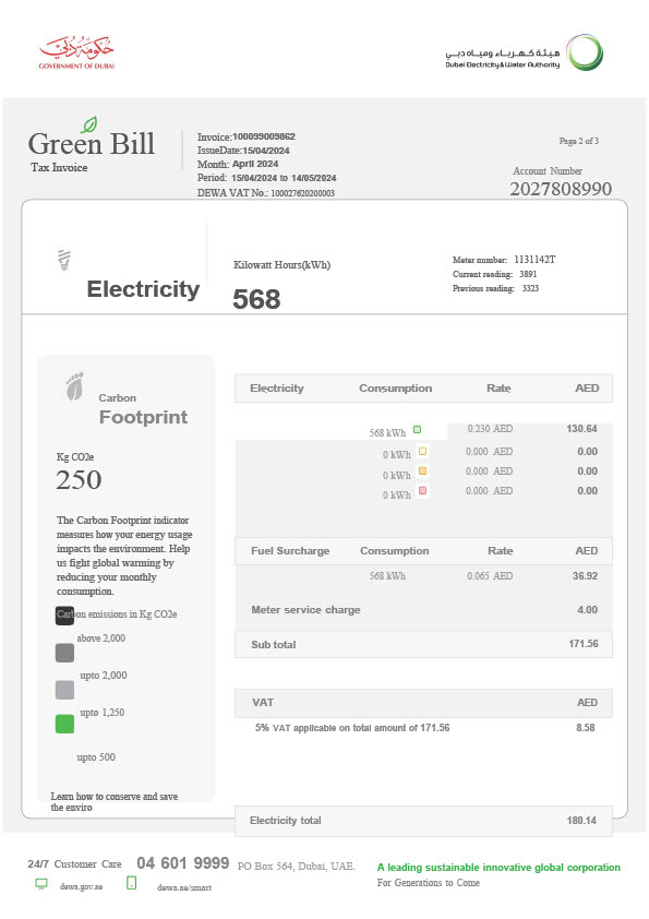 UAE DEWA Editable Electricity Bill Template in Word and PDF formats