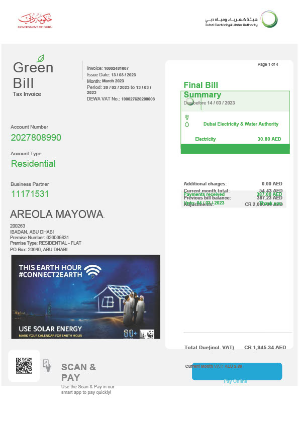 UAE DEWA Editable Utility Bill Template in Word and PDF formats 5 page