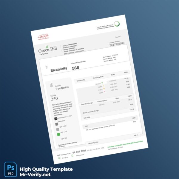 UAE DEWA Editable Electricity Bill Template in Word and PDF formats