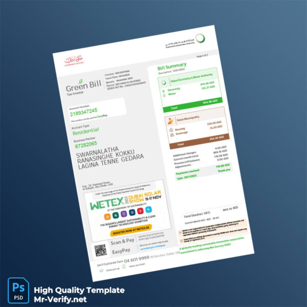 UAE Dubai Electricity And Water Authority Editable Invoice Template in Word and PDF formats 3 page