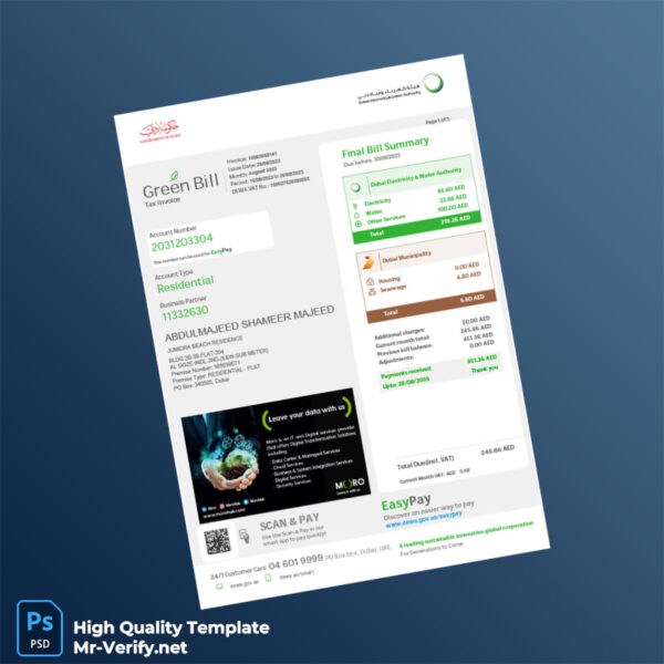 UAE Dubai Electricity Water Authority Editable Utility Bill Template in Word and PDF formats
