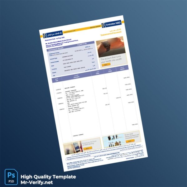 UAE Emirates NBD Bank Statement Template in Word and PDF formats