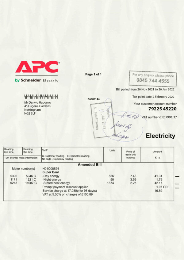 UK APC by Schneider Electric Editable Electricity Bill Template in Word and PDF formats