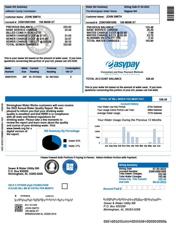 UK Birmingham Water Works Board Editable Water Bill Template in Word and PDF formats 2 page