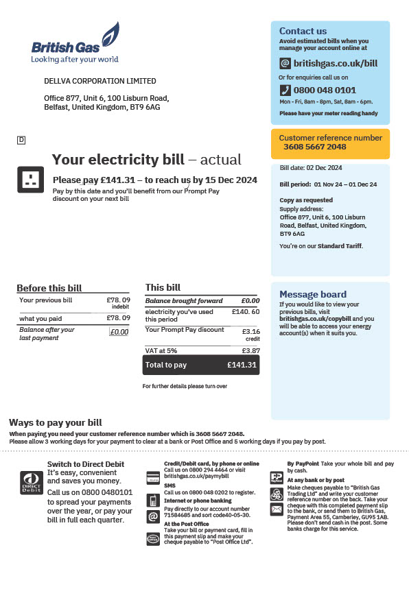 UK British Gas Editable Electricity Bill Template in Word and PDF formats