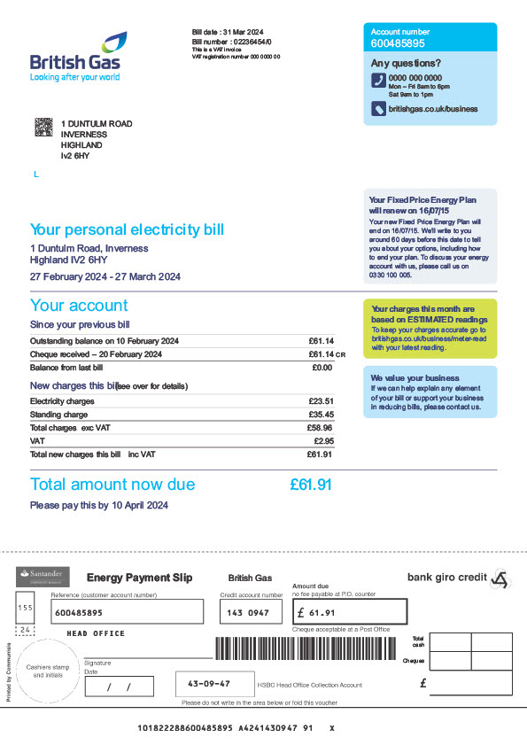 UK British Gas Editable Gas Bill Template in Word and PDF formats 2 page