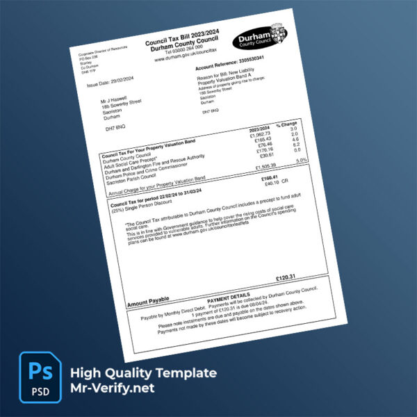 UK Durham County Council Editable Council Tax Bill Template in Word and PDF formats UK Durham County Council Editable Council Tax Bill Template in Word and PDF formats