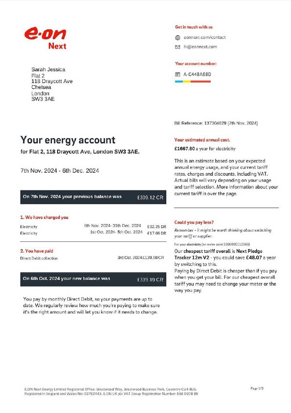 UK E ON Editable Utility Bill Template in Word and PDF formats 3 page