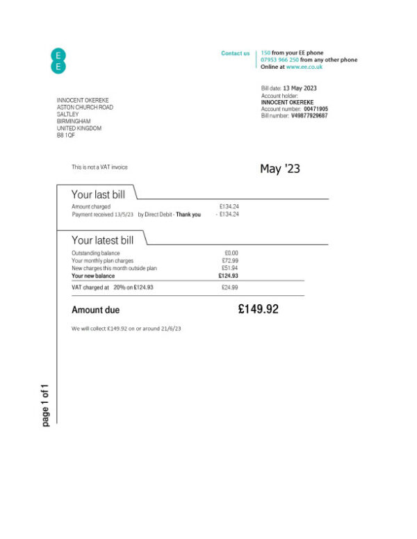 UK EE Editable Utility Bill Template in Word and PDF formats