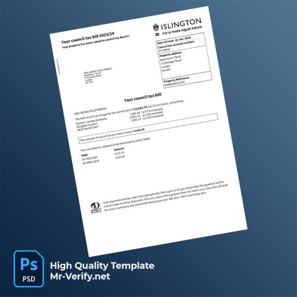 UK England Islington Council Editable Council Tax Bill Template in Word and PDF formats