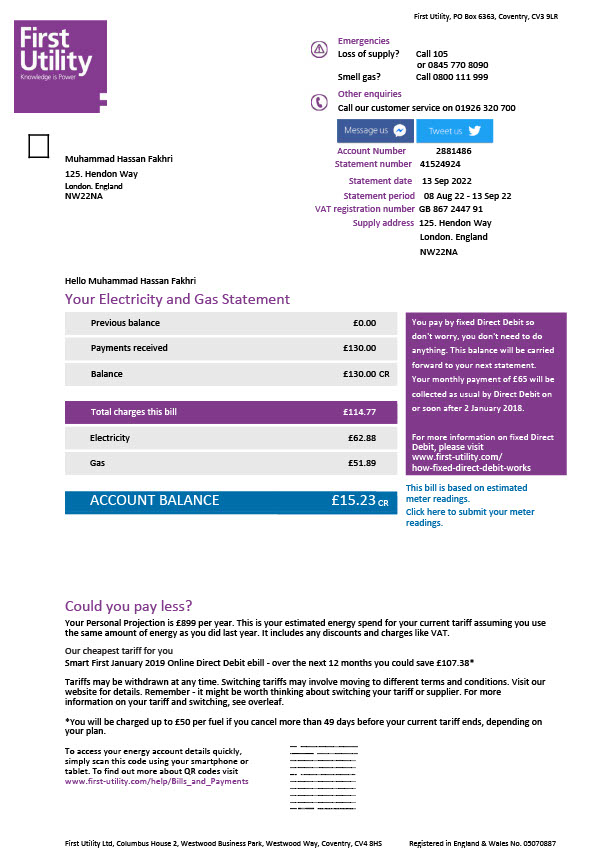 UK First Utility Editable Electricity Bill Template in Word and PDF formats 6 page