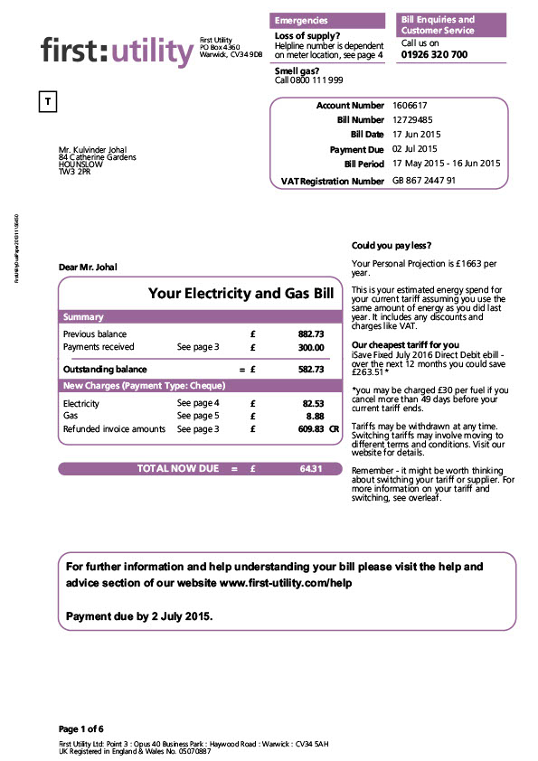 UK First Utility Editable Electricity and Gas Bill Template in Word and PDF formats 6 page