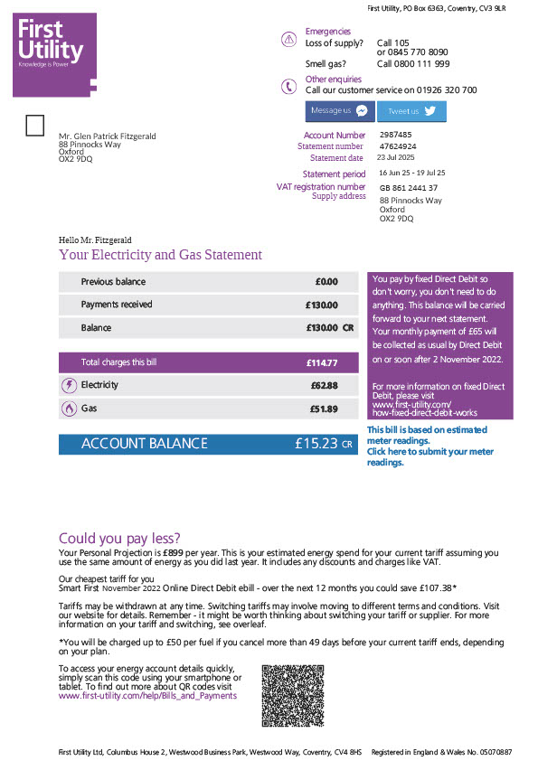 UK First Utility Editable Electricity and Gas Statement Template in Word and PDF formats