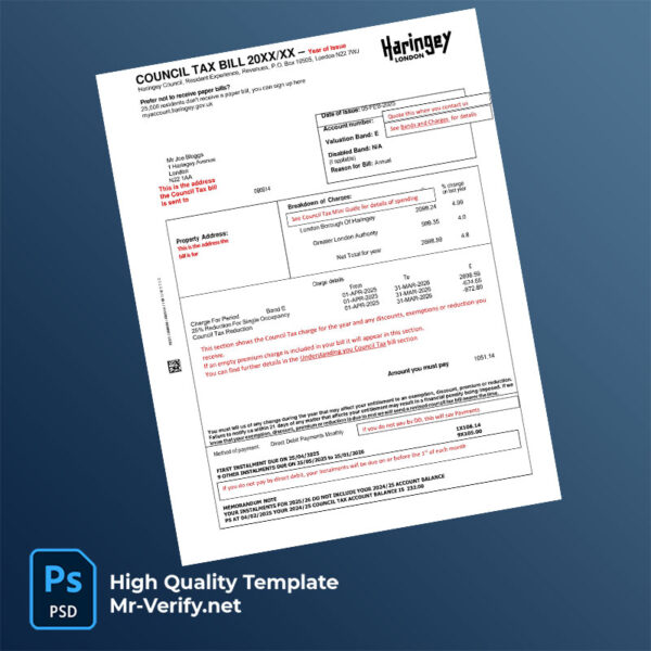 UK Haringey Editable Council Tax Bill Template in Word and PDF formats