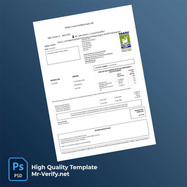 UK Hartlepool Borough Council Editable Council Tax Bill Template in Word and PDF formats