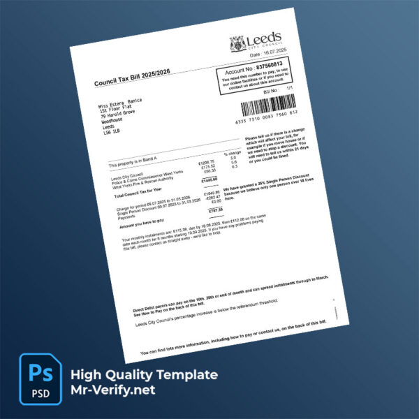 UK Leeds City Council Editable Council Tax Bill Template in Word and PDF formats UK Leeds City Council Editable Council Tax Bill Template in Word and PDF formats