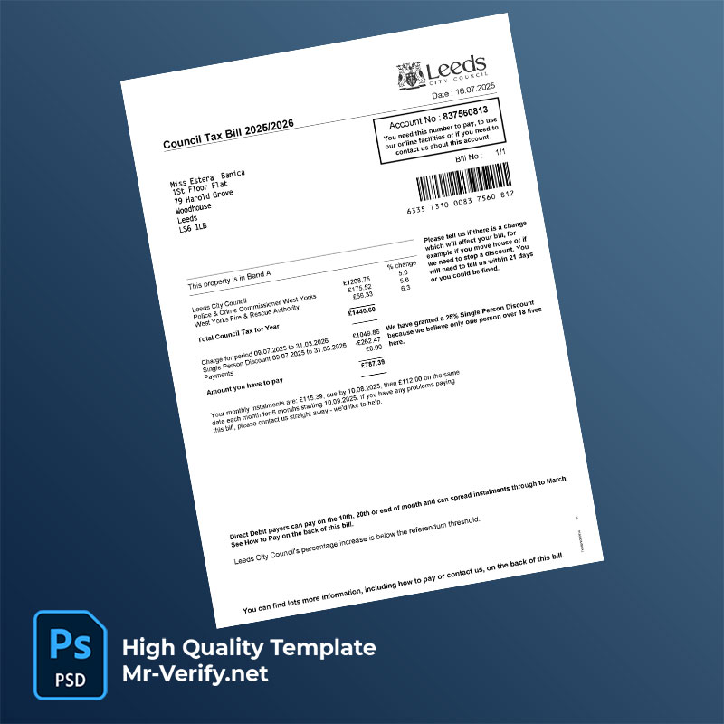 UK Leeds City Council Editable Council Tax Bill Template in Word and PDF formats UK Leeds City Council Editable Council Tax Bill Template in Word and PDF formats