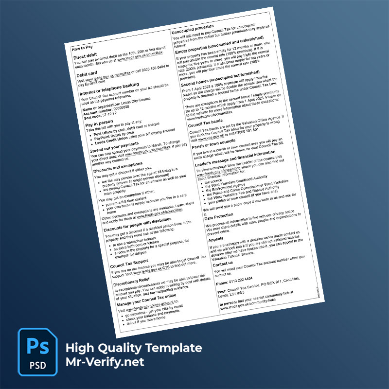 UK Leeds City Council Editable Council Tax Bill Template in Word and PDF formats UK Leeds City Council Editable Council Tax Bill Template in Word and PDF formats