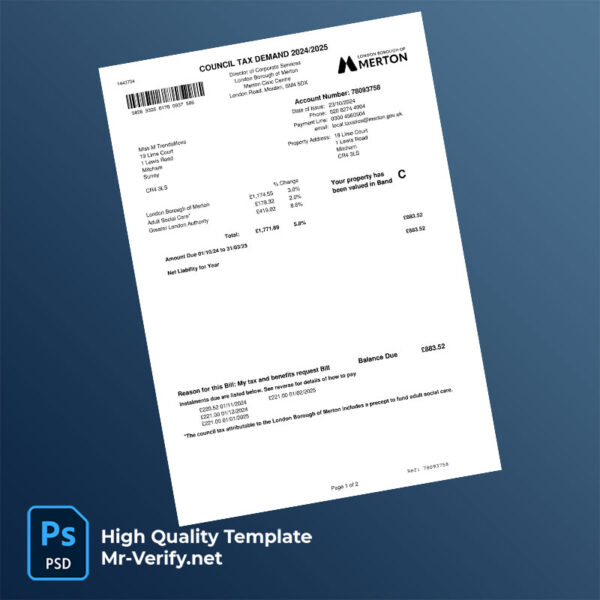 UK London Borough of Merton Editable Council Tax Bill Template in Word and PDF formats UK London Borough of Merton Editable Council Tax Bill Template in Word and PDF formats