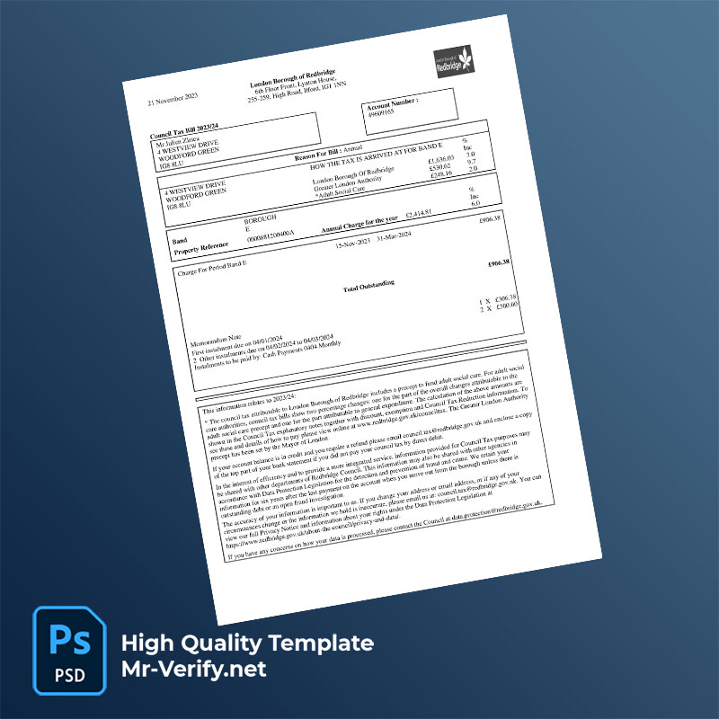UK London Borough of Redbridge Editable Council Tax Bill Template in Word and PDF formats UK London Borough of Redbridge Editable Council Tax Bill Template in Word and PDF formats