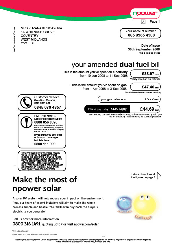 UK Npower Editable Dual Fuel Bill Template in Word and PDF formats 3 page