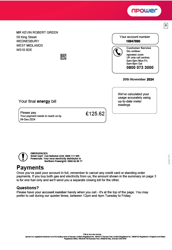 UK Npower Editable Energy Bill Template in Word and PDF formats 5 page