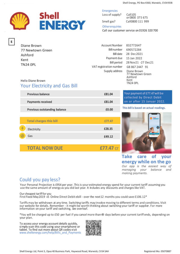 UK Shell Energy Editable Electricity and Gas Bill Template in Word and PDF formats