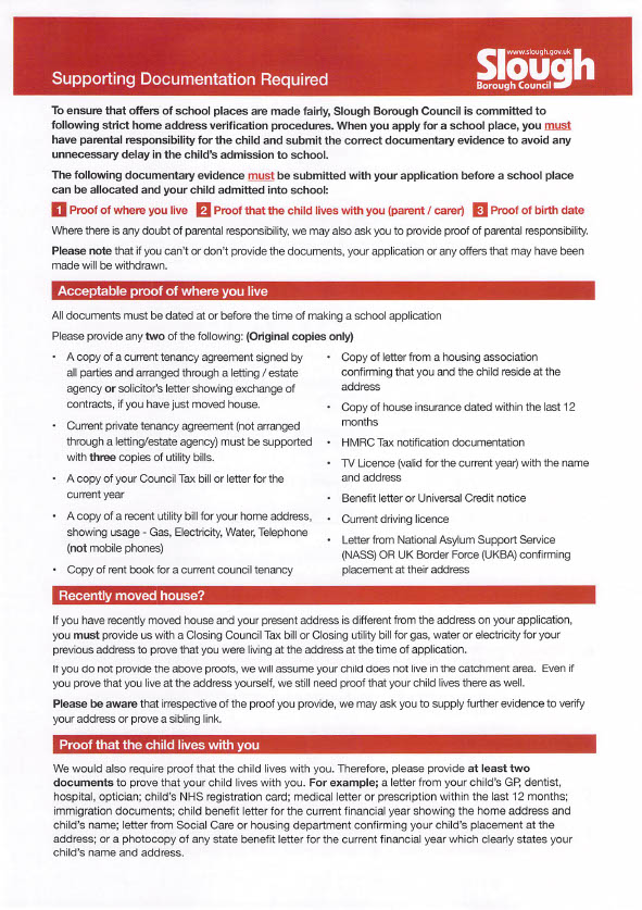 UK Slough Borough Council Editable Supporting Documentation in Year Admissions Template in Word and PDF formats 2 page