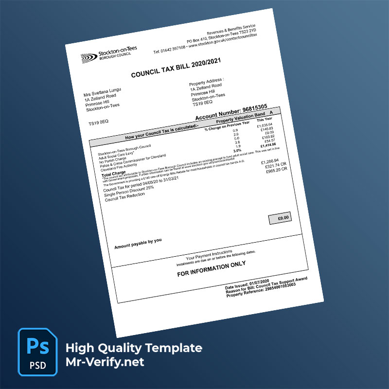 UK Stockton-on-Tees Borough Council Editable Council Tax Bill Template in Word and PDF formats UK Stockton-on-Tees Borough Council Editable Council Tax Bill Template in Word and PDF formats