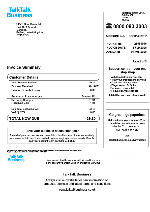 UK TalkTalk Business Editable Utility Bill Template in Word and PDF formats