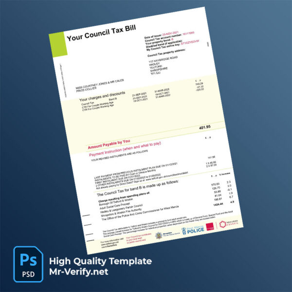 UK Telford & Wrekin Council Editable Council Tax Bill Template in Word and PDF formats
