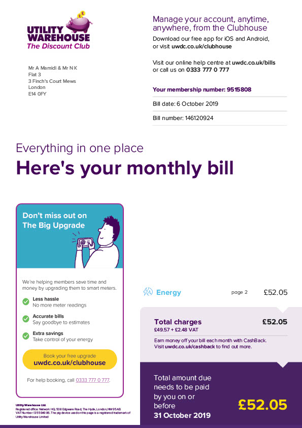 UK Utility Warehouse Ltd Editable Electricity Bill Template in Word and PDF formats 6 page