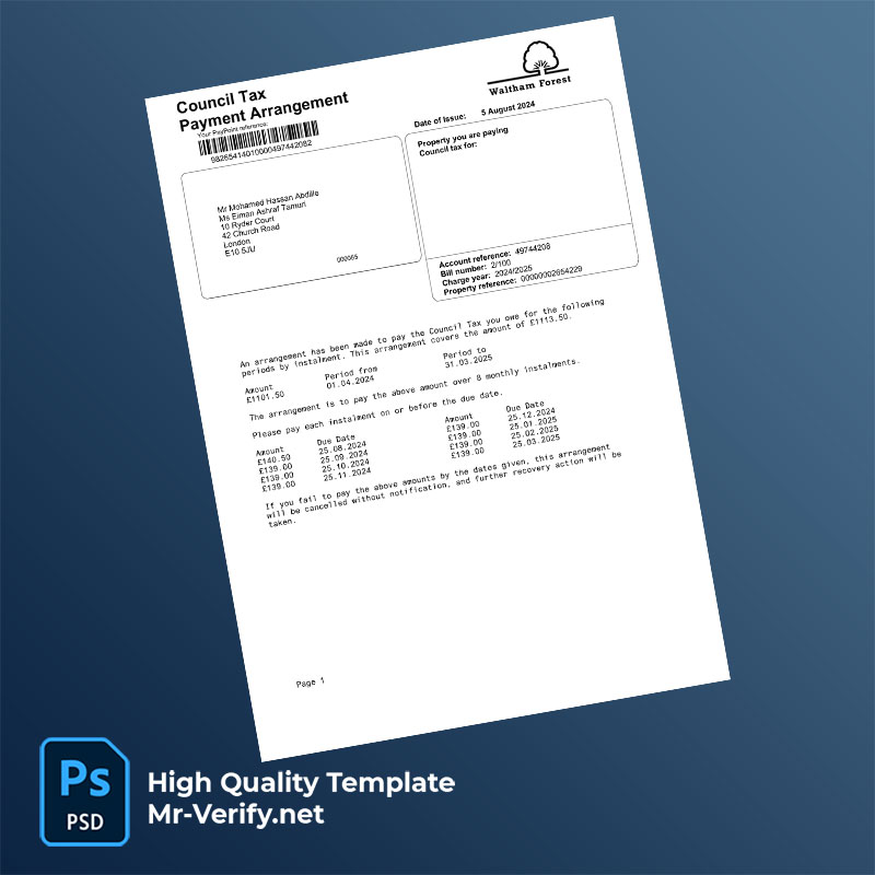 UK Waltham Forest Borough Council Editable Council Tax Bill Template in Word and PDF formats UK Waltham Forest Borough Council Editable Council Tax Bill Template in Word and PDF formats