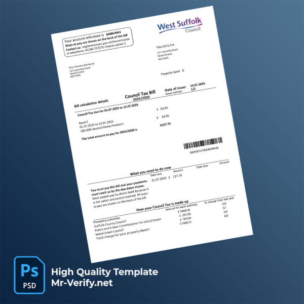 UK West Suffolk Council Editable Council Tax Bill Template in Word and PDF formats UK West Suffolk Council Editable Council Tax Bill Template in Word and PDF formats
