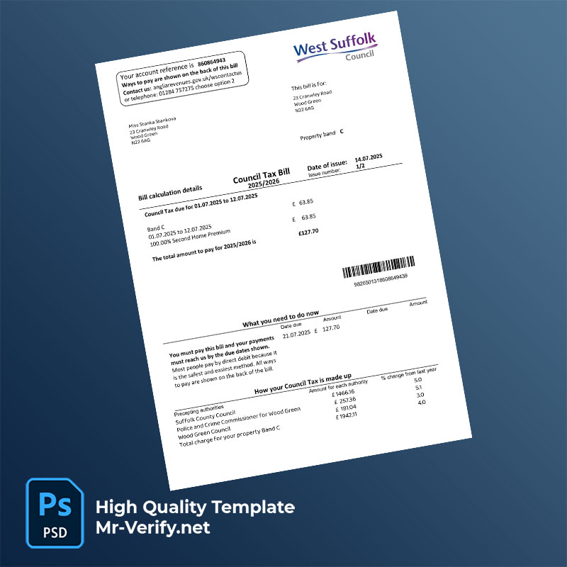 UK West Suffolk Council Editable Council Tax Bill Template in Word and PDF formats UK West Suffolk Council Editable Council Tax Bill Template in Word and PDF formats