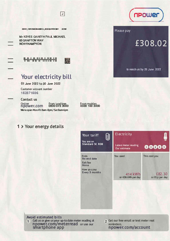 UK npower Editable Electricity Bill Template in Word and PDF formats