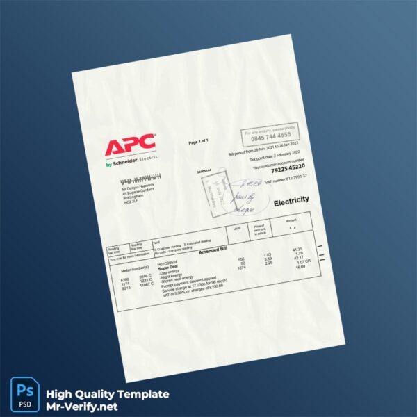 UK APC by Schneider Electric Editable Electricity Bill Template in Word and PDF formats
