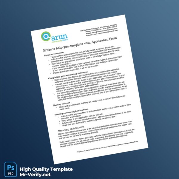 UK Arun Community Church Editable Application Form Notes Template in Word and PDF formats 4 page