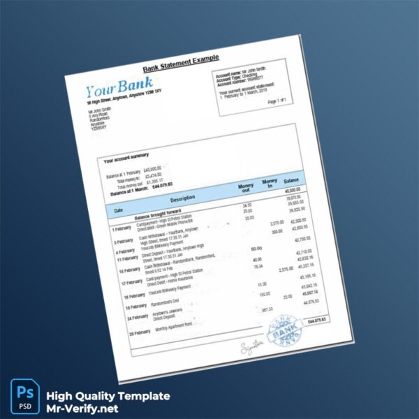 UK Bank Statement Template in Word and PDF formats