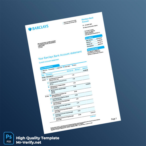 UK Barclays Account Statement Template in Word and PDF formats 5 page