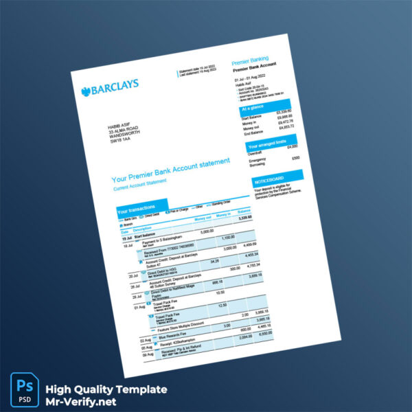 UK Barclays Bank Statement Template in Word and PDF formats 4 page