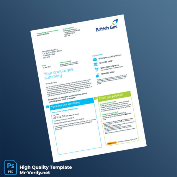 UK British Gas Editable Annual Gas Summary Template in Word and PDF formats 4 page
