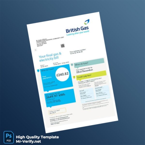 UK British Gas Editable Electricity Gas Utility Bill Template in Word and PDF formats