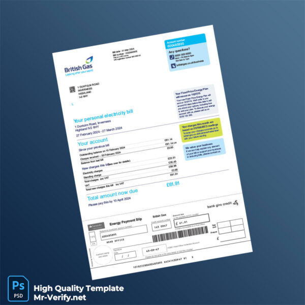 UK British Gas Editable Gas Bill Template in Word and PDF formats 2 page