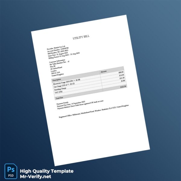 UK British Gas Editable Utility Bill Template in Word and PDF formats