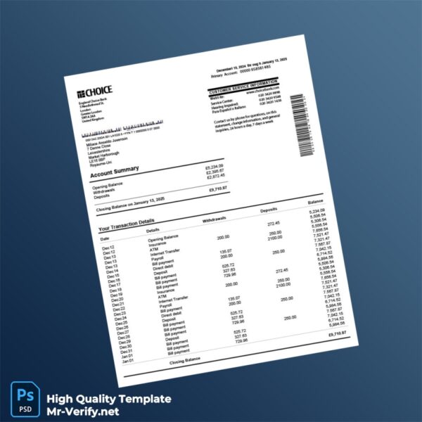 UK Choice Bank Bank Statement Template in Word and PDF formats