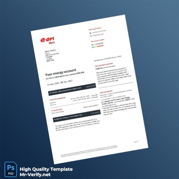 UK E ON Editable Utility Bill Template in Word and PDF formats 3 page