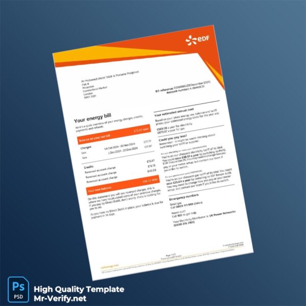 UK EDF Editable Utility Bill Template in Word and PDF formats 5 page