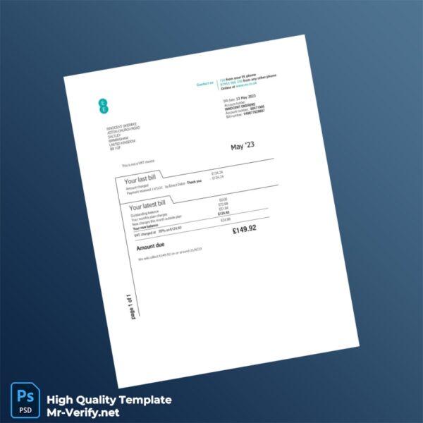 UK EE Editable Utility Bill Template in Word and PDF formats