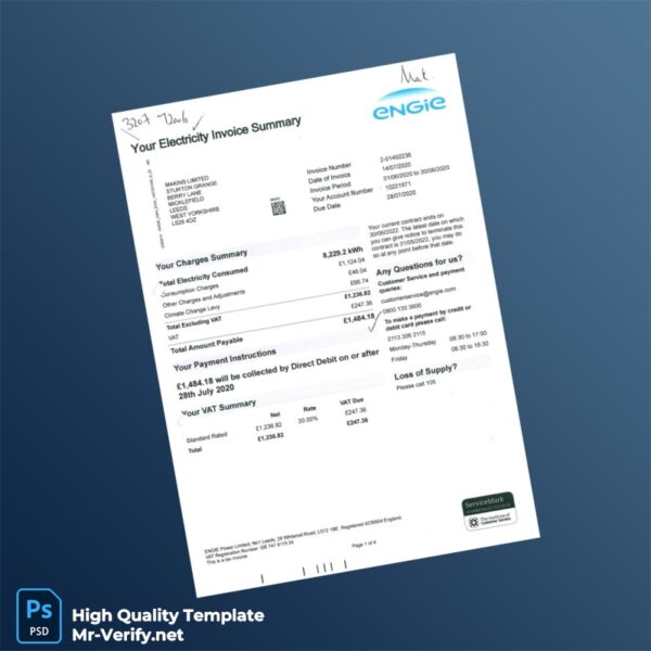UK ENGIE Power Limited Editable Electricity Bill Template in Word and PDF formats